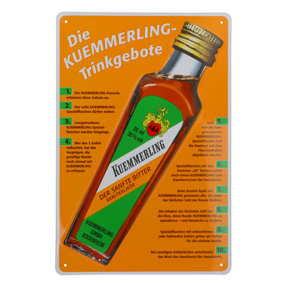 Kümmerling Liqueur Plaque métallique Plaque métallique publicitaire Décoration murale « Trinkgebote » (règles de consommation)