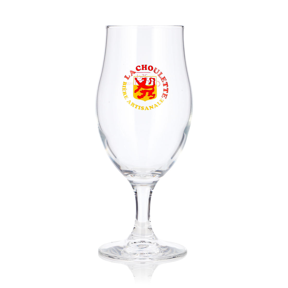 Verre à bière La Choulette 0,25 l, forme tulipe, logo rouge et jaune, verre à bière de type coupe