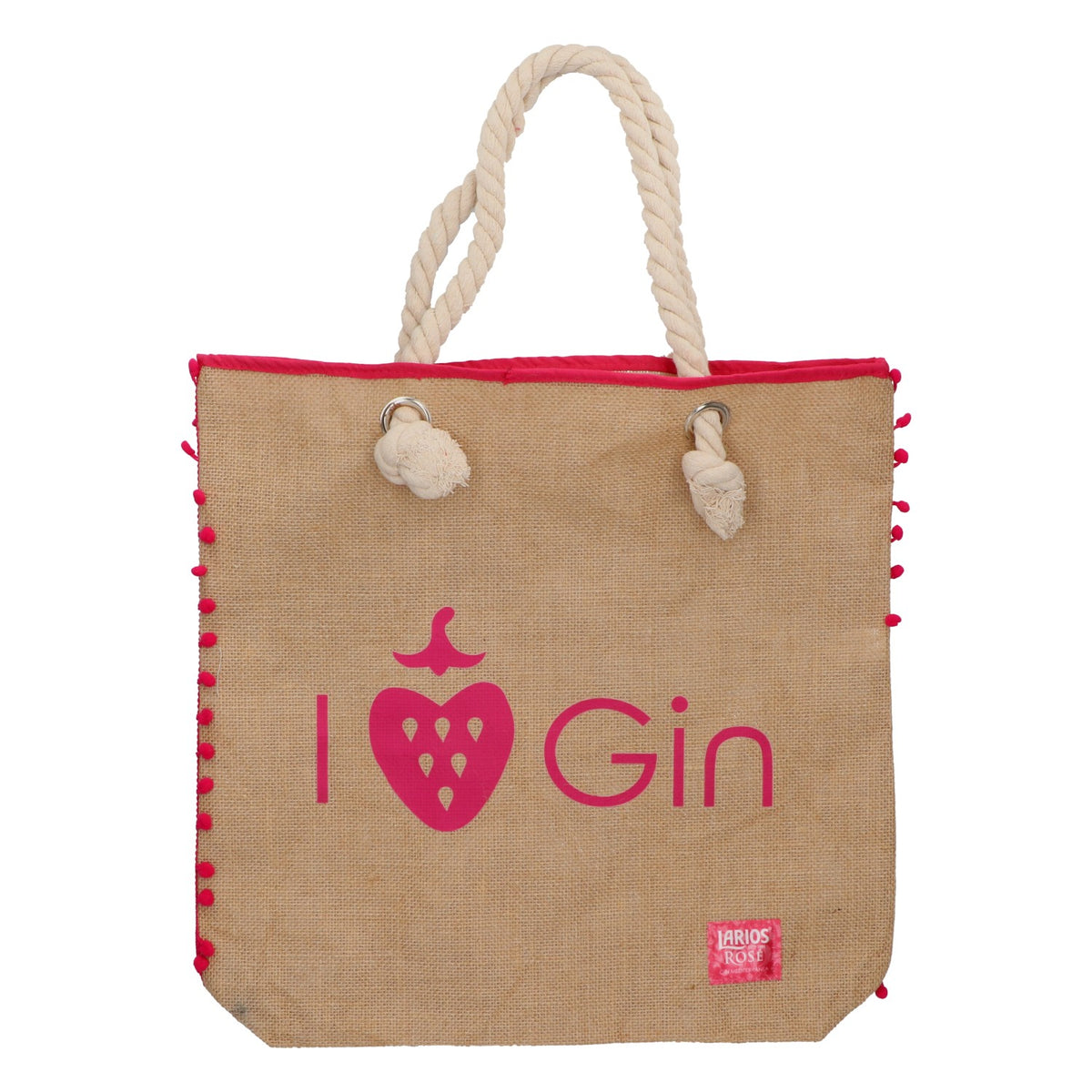 Sac en jute Larios Rose Gin avec poignées en cordon – Motif gin et fraise