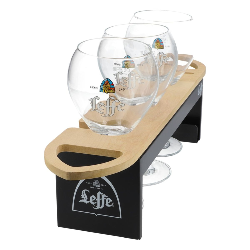 Set de supports pour verres à bière Leffe avec 3 verres pour bar et comptoir en bois véritable