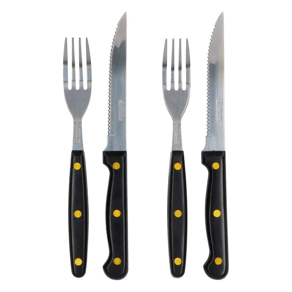 Ensemble d'ustensiles de barbecue Leikeim : 2 couteaux et 2 fourchettes, rivets dorés, acier inoxydable