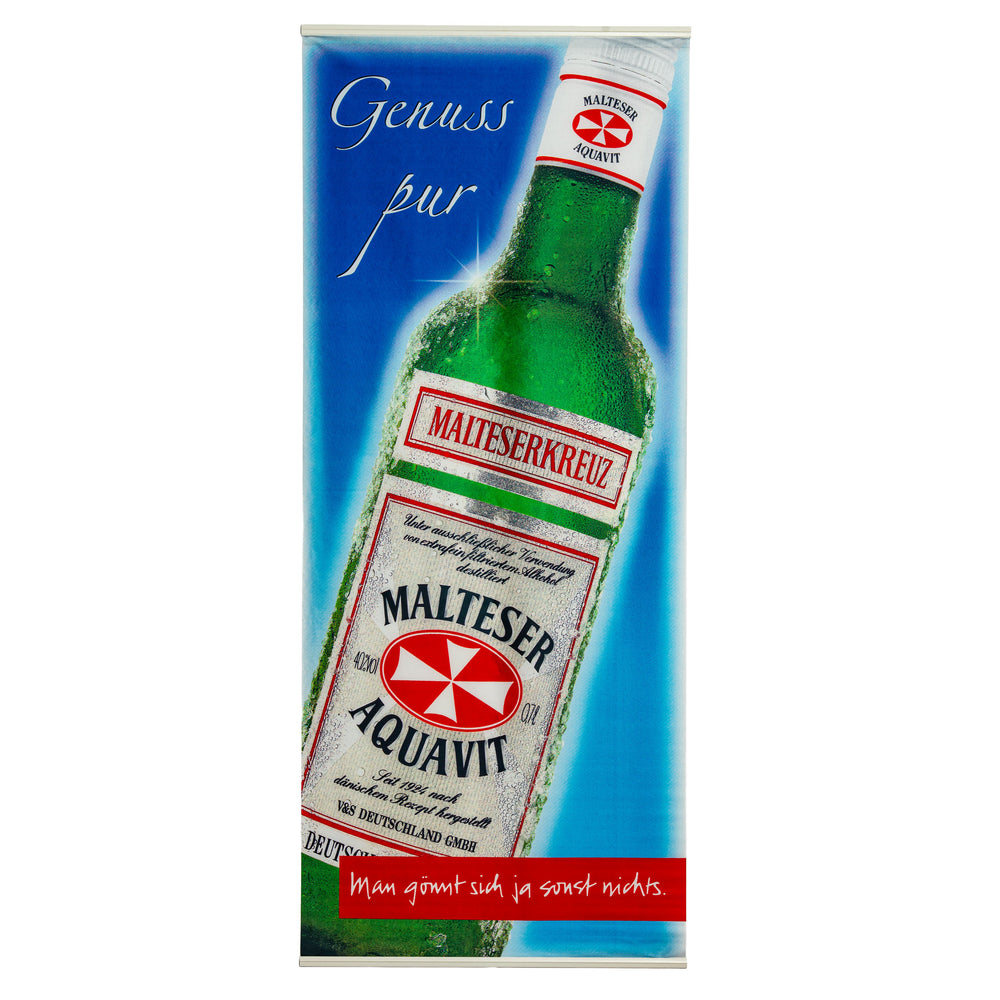 Bannière verticale « Akvavit » en tissu mélangé et verre de Malte, version blanche, « Plaisir à l'état pur »