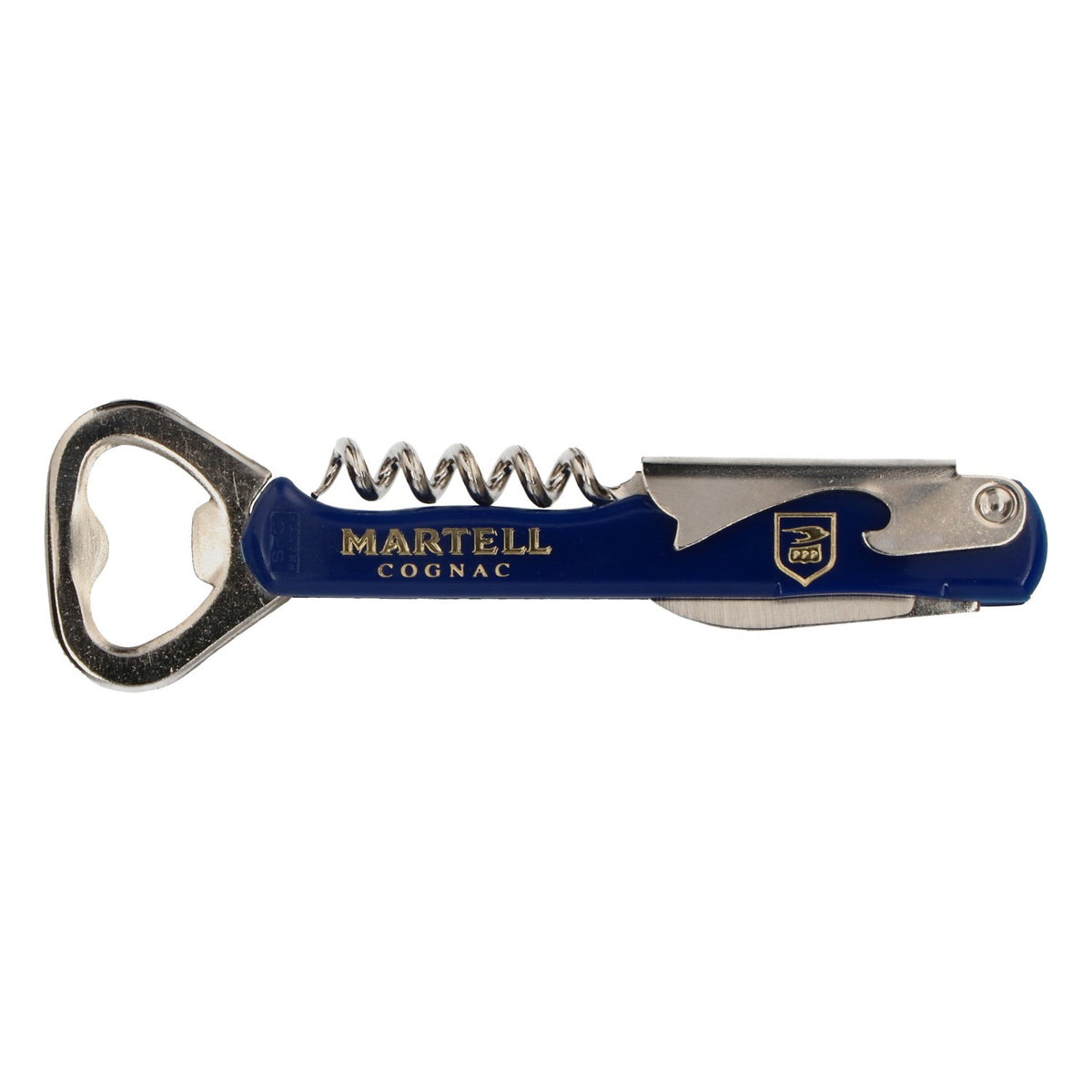 Ouvre-bouteille Martell Cognac avec tire-capsule et tire-bouchon, en acier inoxydable bleu – Vue 3