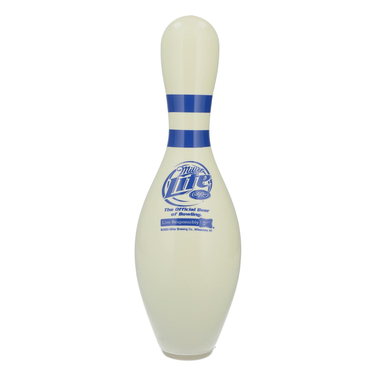 Quille de bowling Miller Lite en bois, blanche avec logo bleu, objet de décoration et de collection pour bar