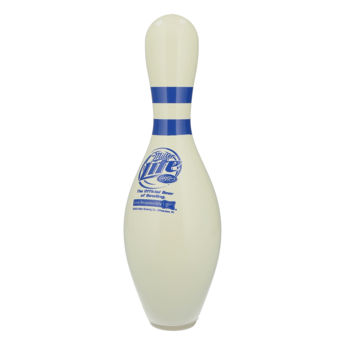 Quille de bowling Miller Lite en bois, blanche avec logo bleu, objet de décoration et de collection pour bar – Vue 3