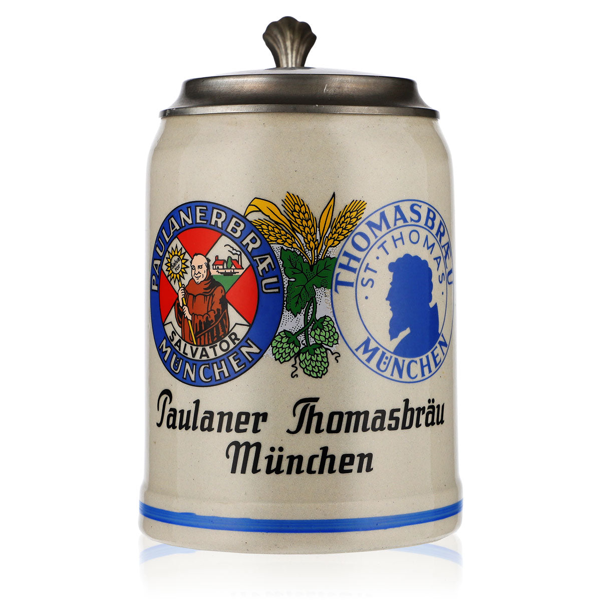 Chope en verre Paulaner pour bière blanche, avec couvercle en étain, 0,5 l, Thomas-Bräu, Munich