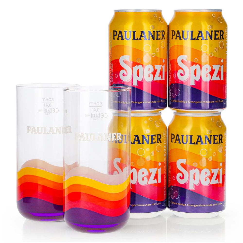 Coffret cadeau Paulaner Spezi, lot de 6 pièces : 2 verres de 0,4 l + 4 canettes de 0,33 l