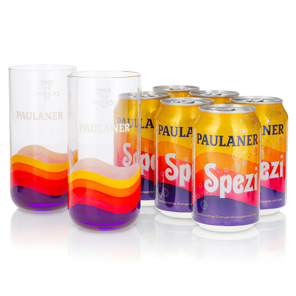 Coffret cadeau Paulaner Spezi, lot de 8 pièces : 2 verres de 0,4 l + 6 canettes de 0,33 l