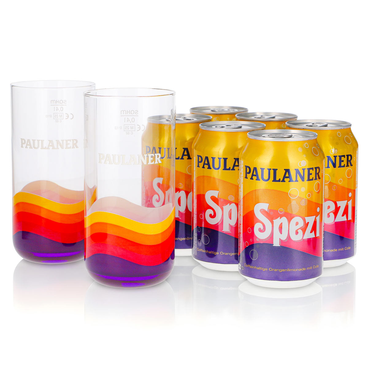 Coffret cadeau Paulaner Spezi, lot de 8 pièces : 2 verres de 0,4 l + 6 canettes de 0,33 l