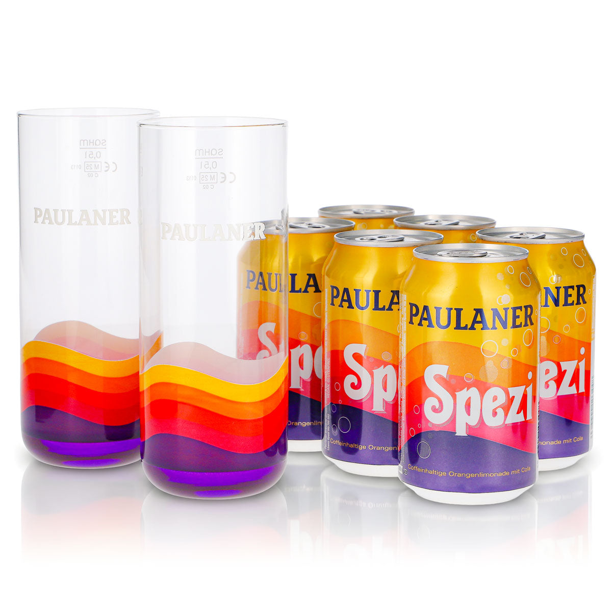 Coffret cadeau Paulaner Spezi, lot de 8 pièces : 2 verres de 0,5 l + 6 canettes de 0,33 l