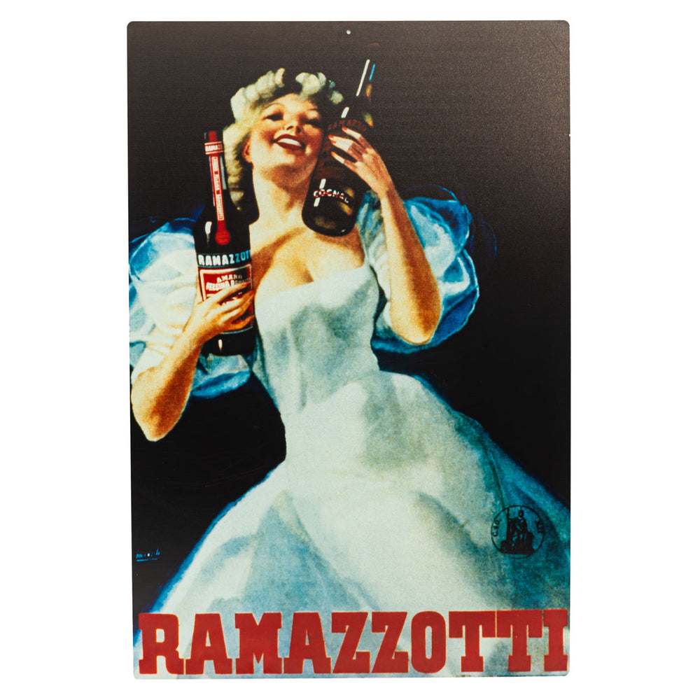 Ramazzotti Liqueur Plaque métallique Décoration murale 60x40 cm Femme avec 2 bouteilles