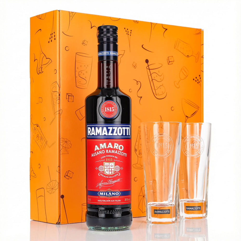 Coffret cadeau liqueur Ramazzotti 0,7 l 30 % + verre à long drink 1815 I Orange