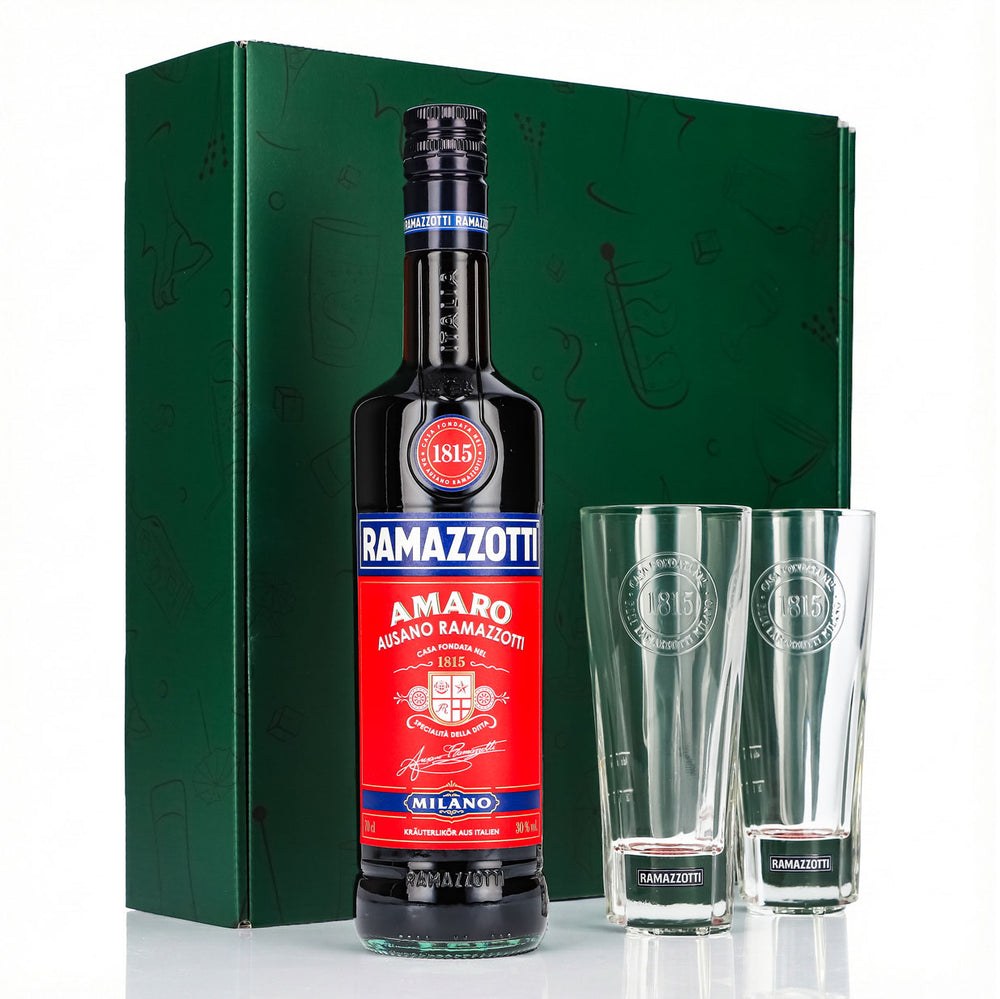 Coffret cadeau liqueur Ramazzotti 0,7 l 30 % + verre à long drink 1815 I Vert