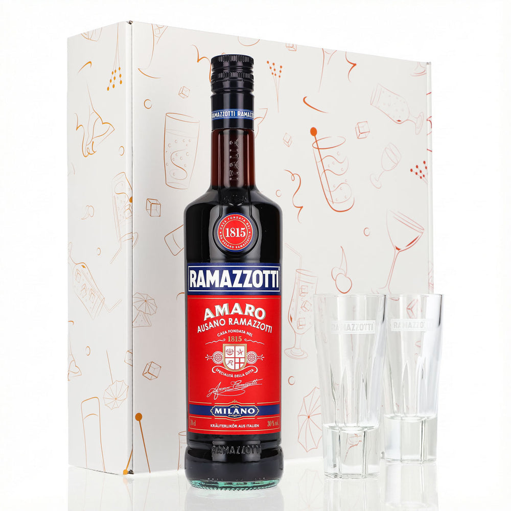 Coffret cadeau liqueur Ramazzotti 0,7 l 30 % + verre à long drink Salute I blanc