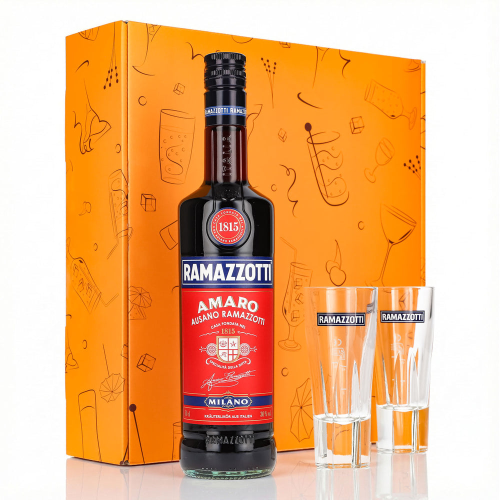Coffret cadeau liqueur Ramazzotti 0,7 l 30 % + verre à long drink standard I Orange