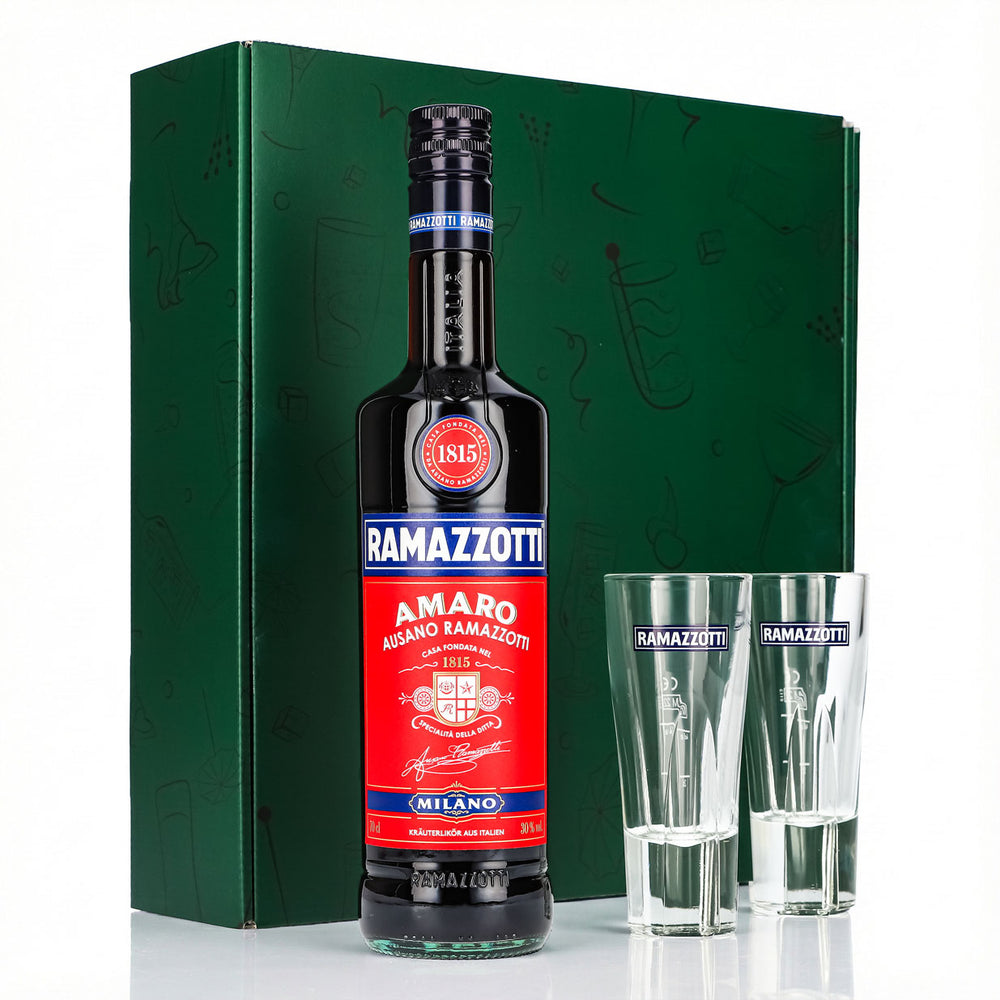 Coffret cadeau liqueur Ramazzotti 0,7 l 30 % + verre à long drink standard I vert