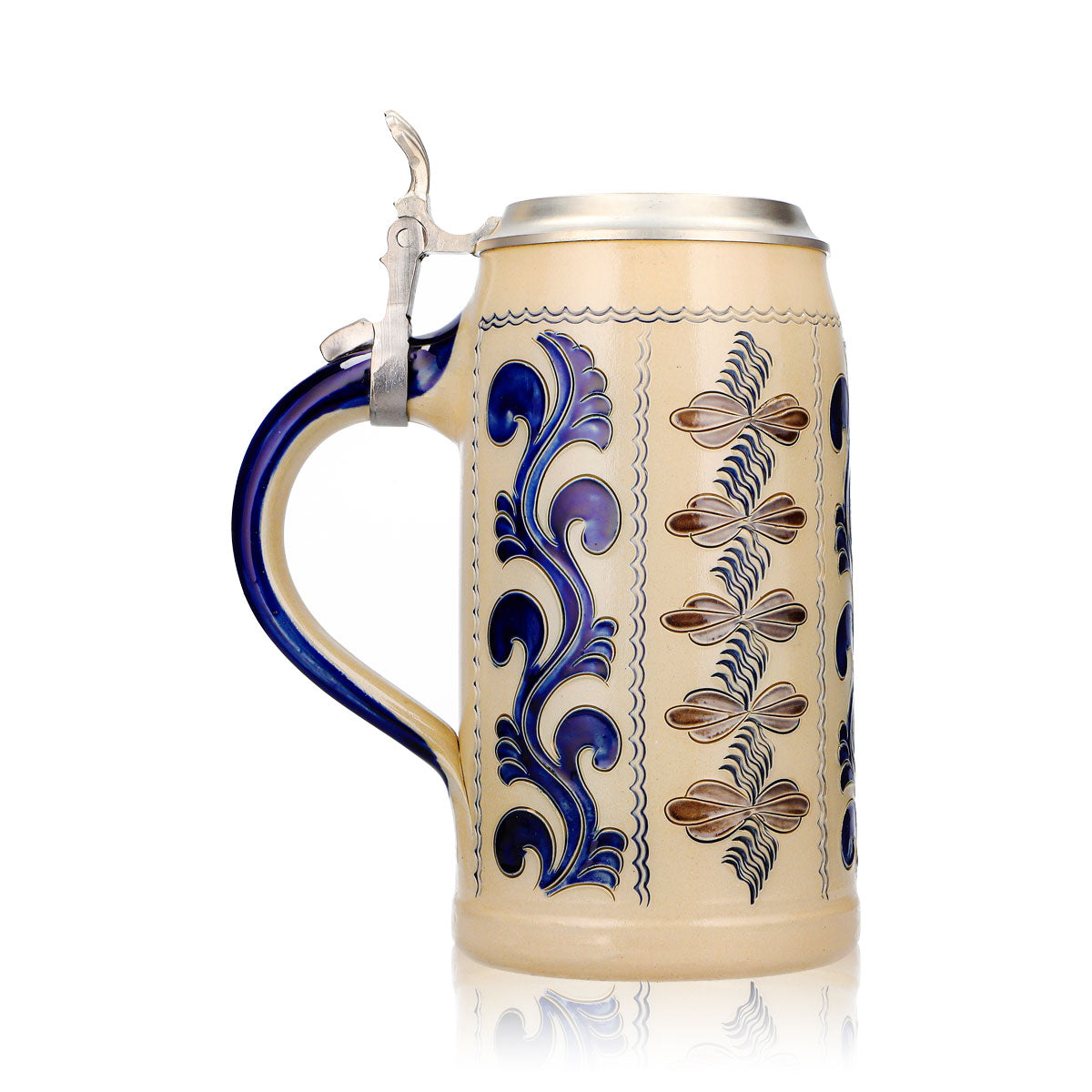 Verre à bière Rastal, chope en grès de 1,25 l avec couvercle en étain, bleu/gris, grès vertical – Vue 3
