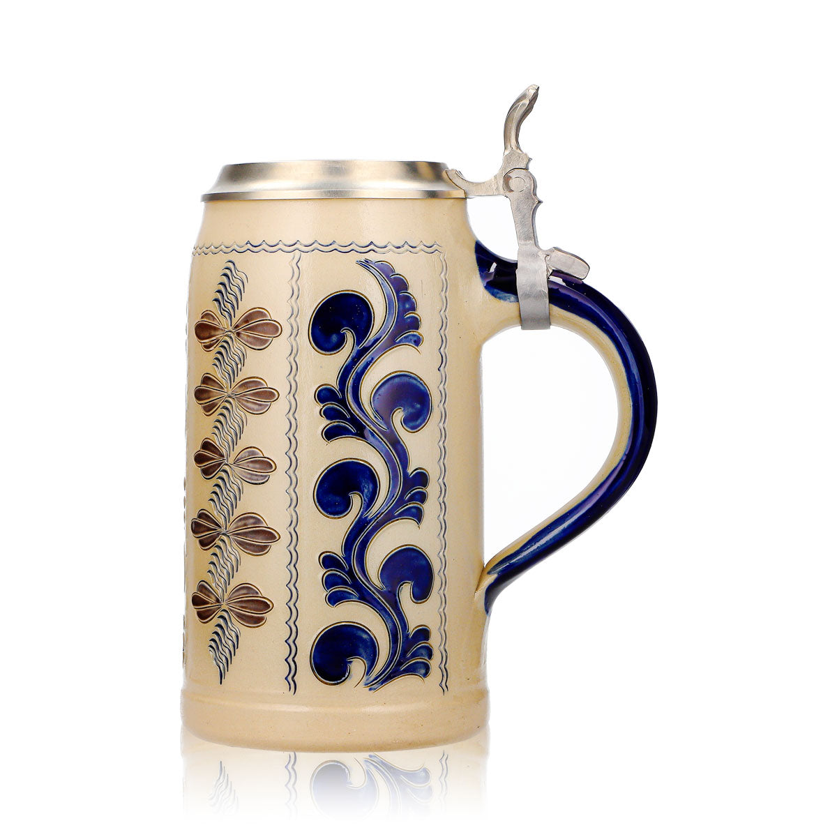 Verre à bière Rastal, chope en grès de 1,25 l avec couvercle en étain, bleu/gris, grès vertical – Vue 5