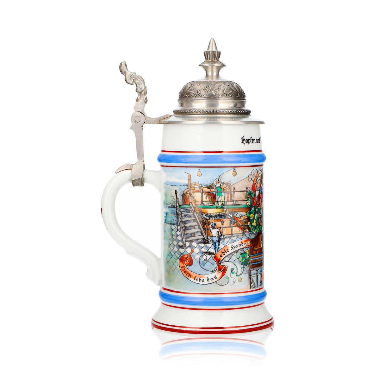 Verre à bière de collection, cruche en terre cuite de 0,65 l avec couvercle en étain, décoré de houblon et de malt – « Que Dieu le préserve » – Vue 3