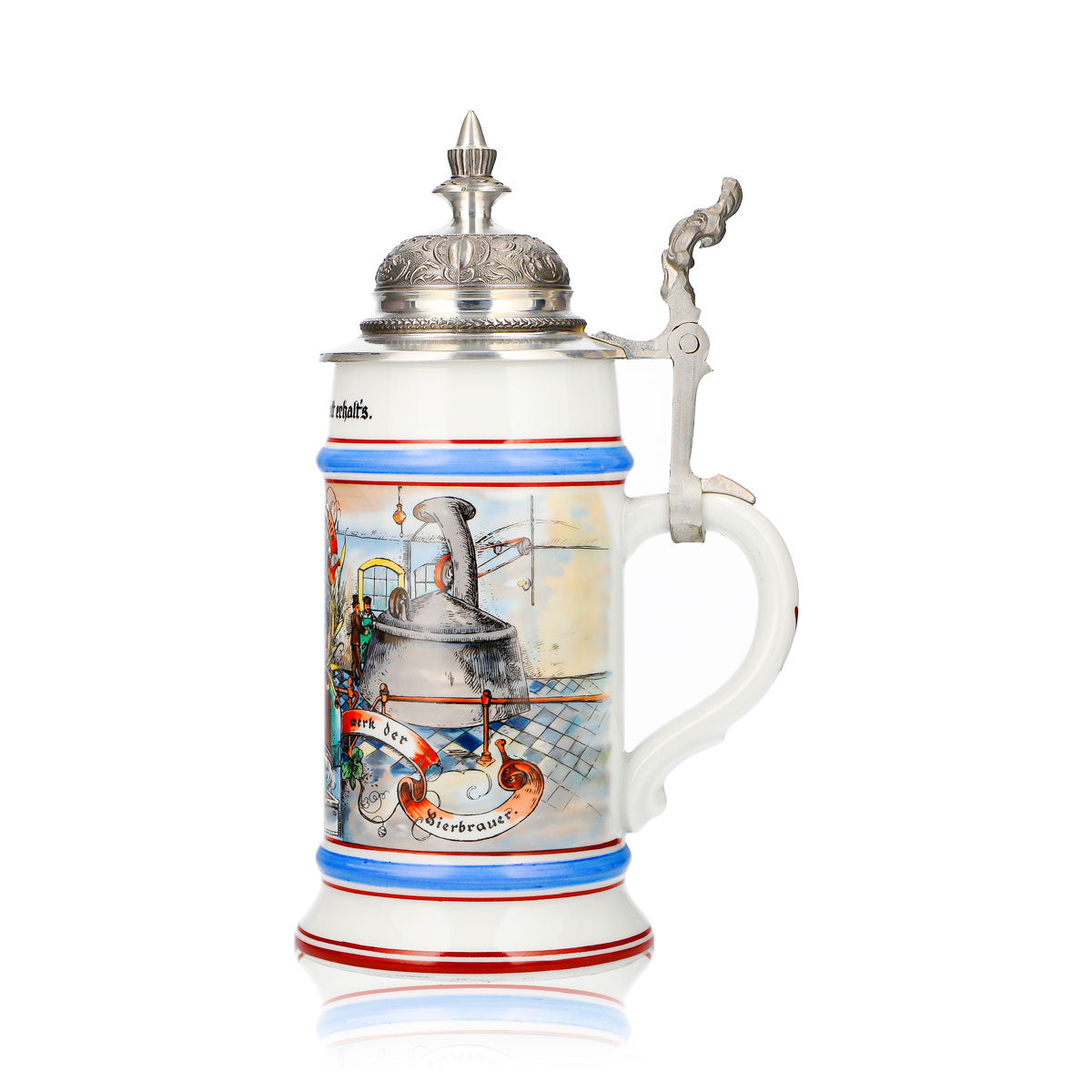 Verre à bière de collection, cruche en terre cuite de 0,65 l avec couvercle en étain, décoré de houblon et de malt – « Que Dieu le préserve » – Vue 5
