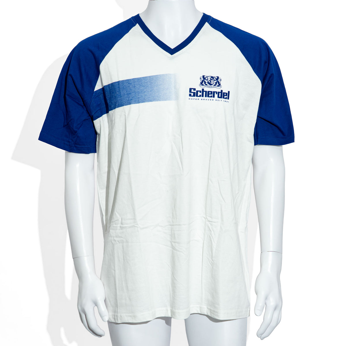 T-shirt en coton blanc Scherdel Bier, coupe XL, col en V et manches bleues