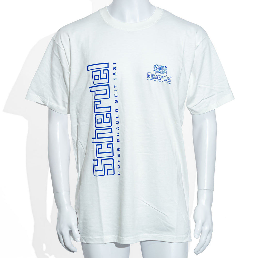 T-shirt Scherdel Bier, taille XL, grand logo vertical, blanc