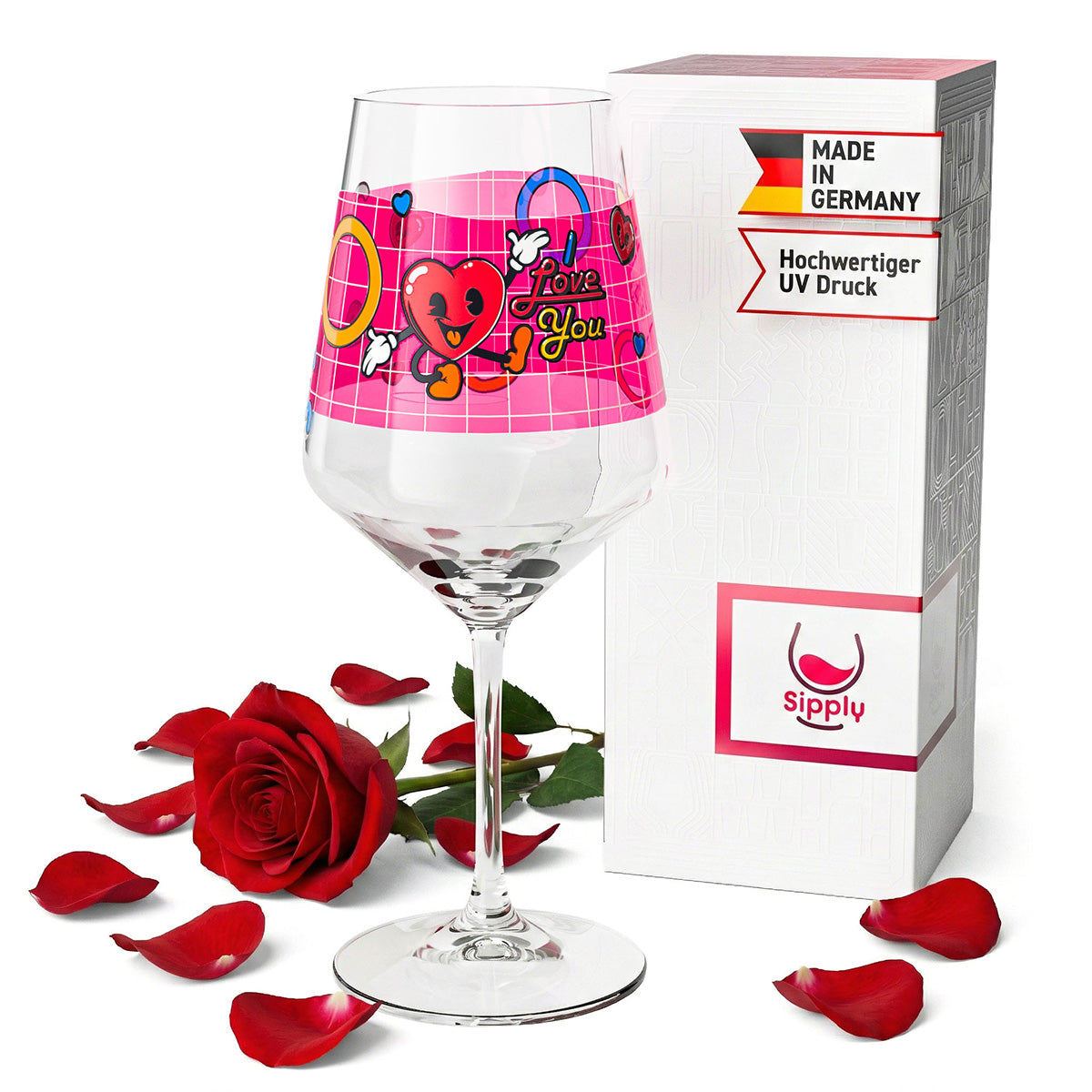Verre à vin Sipply pour la Saint-Valentin « I Love You » Cœur Cadeau 0,5 l avec effet transparent