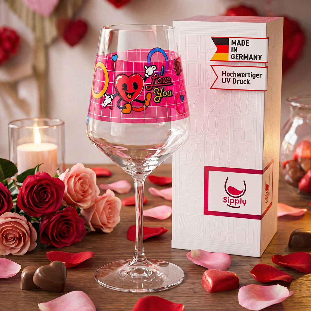 Verre à vin Sipply pour la Saint-Valentin « I Love You » Cœur Cadeau 0,5 l avec effet transparent – Vue 3