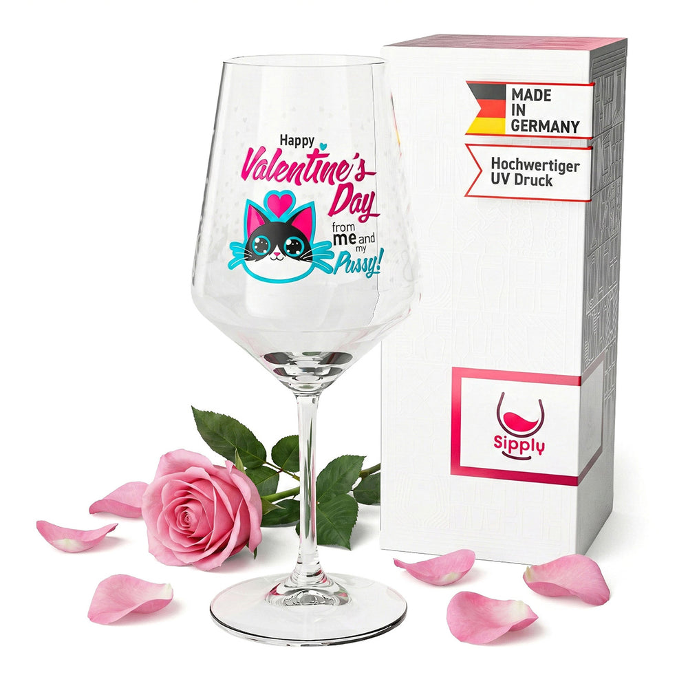 Verre à vin Sipply pour la Saint-Valentin avec chat + inscription « Happy Valentines Day » Cadeau 0,5 l