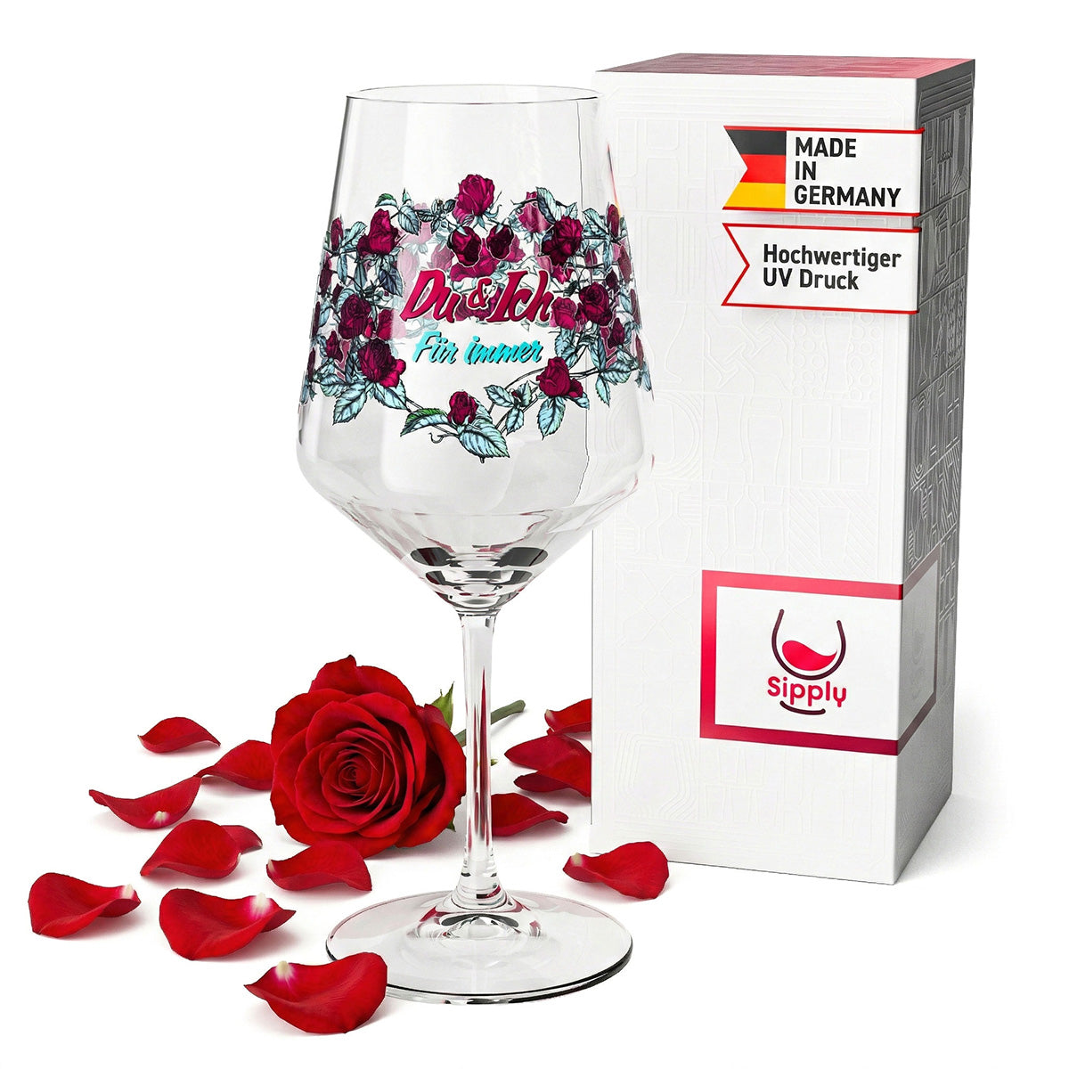 Verre à vin Sipply pour la Saint-Valentin Rosenkranz « Du & Ich Für Immer » (Toi et moi pour toujours) 0,5 l avec effet transparent