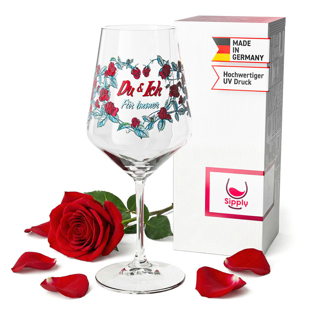 Verre à vin Sipply pour la Saint-Valentin, motif « Rose » « Toi & Moi pour toujours », 0,5 l