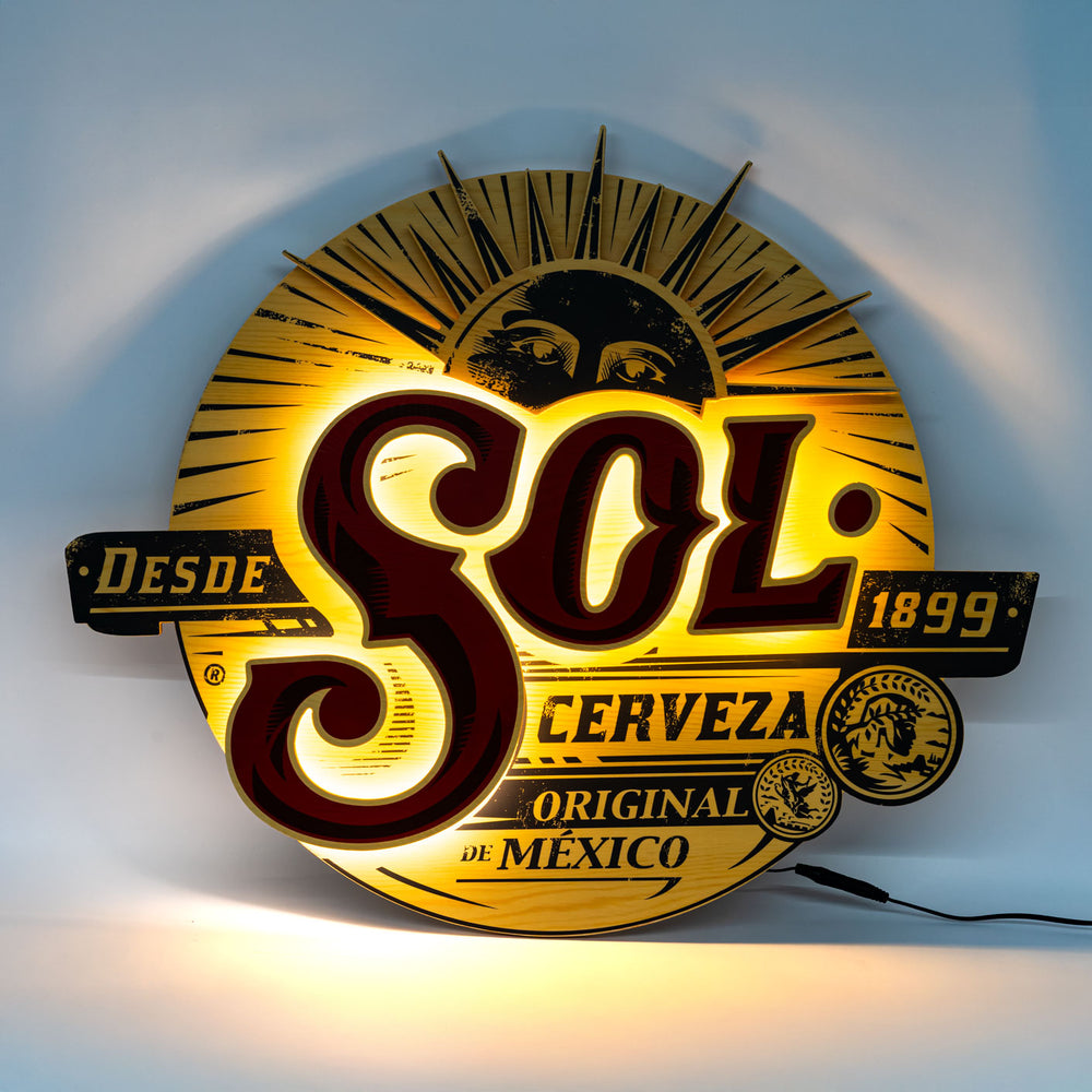 Sol Bier Enseigne lumineuse LED en bois véritable « Cerveza 1899 »