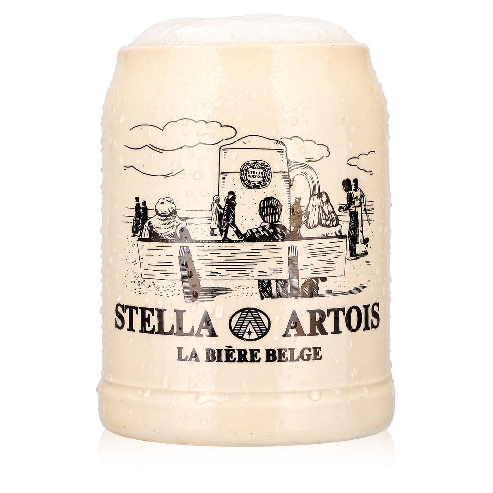Verre à bière Stella Artois, chope en terre cuite, 0,5 l, motif « La Bière Belge » sur le banc, en terre cuite