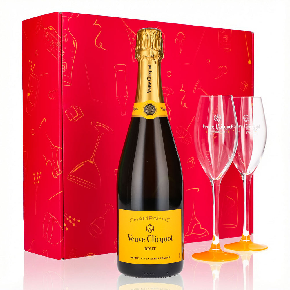 Coffret cadeau champagne Veuve Clicquot 0,75 l 12,5 % + flûte 0,1 l pied jaune I rose