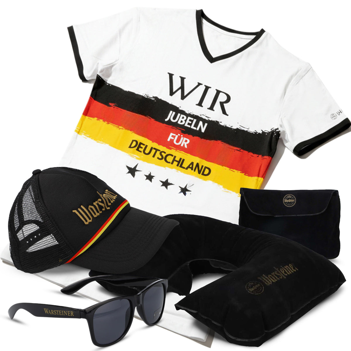 Lot Warsteiner pour les fans comprenant 1 casquette, 1 paire de lunettes de soleil, 1 t-shirt et 1 coussin