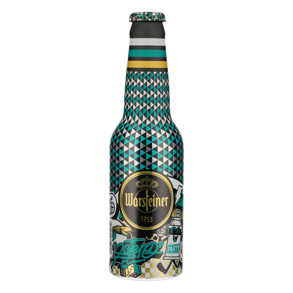 Bouteille de bière Warsteiner 0,33 l édition collector à carreaux verts/dorés/noirs