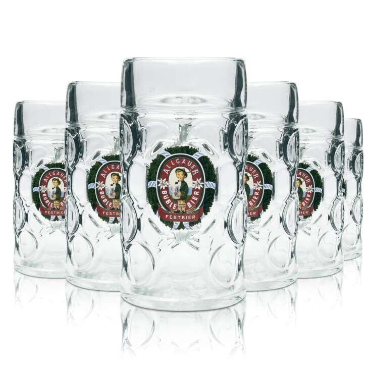 6x Allgäuer Büble Glas 1l Maßkrug "Festbier" Humpen Seidel Krüge Verres en relief